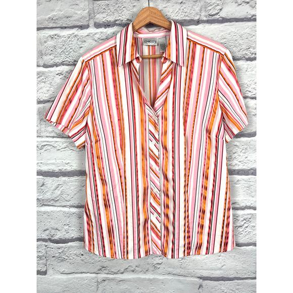 Chico's Women's L Coastal Grandma Academia Metallic Striped Button-Up Blouse - Picture 3 of 10